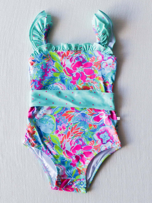 (Custom Design Preorder MOQ 5)  Colorful Flowers Print Girls 1 Piece Swimsuits