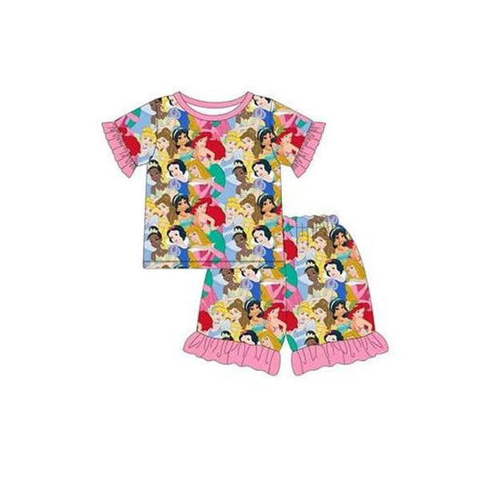 (Custom Design Preorder MOQ 5)  Cartoon Princess Print Girls Summer Pajamas Clothes Set