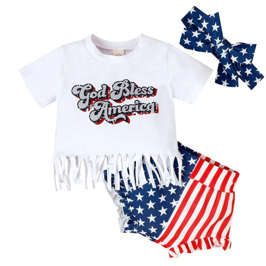 (Custom Design Preorder MOQ 5) America Stars Print Baby Girls 4th of July Bummie Sets