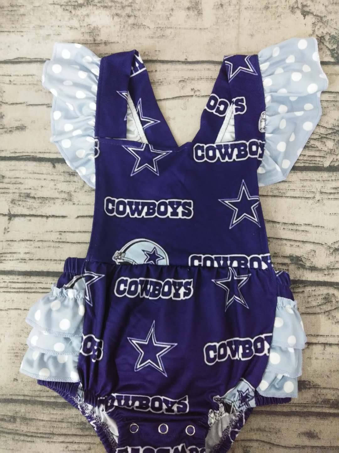 (Custom Design Preorder MOQ 5)  Team's Cowboys Stars Print Baby Girls Summer Romper