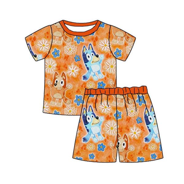(Custom Design Preorder MOQ 5) Cartoon Dog Orange Flowers Print Girls Summer Clothes Set