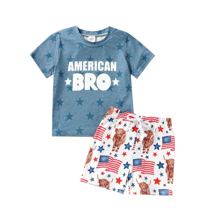 (Custom Design Preorder MOQ 5)  American BRO Highland Cow Flags Print Boys 4th of July Clothes Set