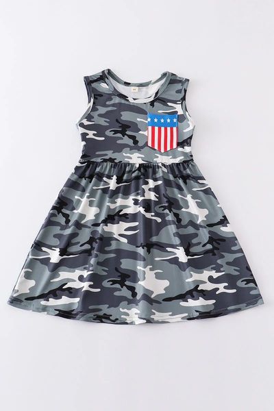 (Custom Design Preorder MOQ 5) Camo Stars Print Girls Knee Length 4th of July Dress