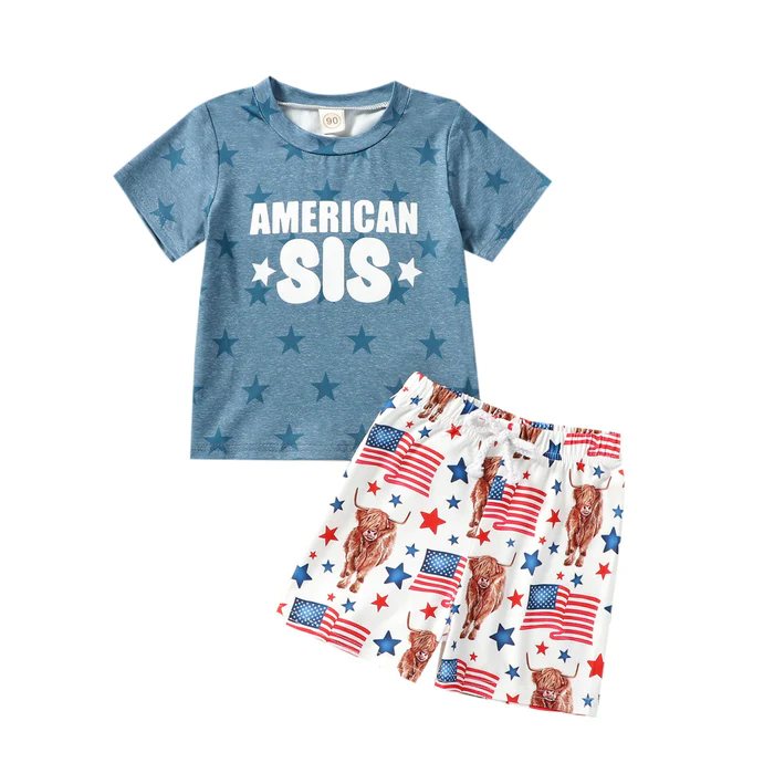 (Custom Design Preorder MOQ 5)  American SIS Highland Cow Flags Print Girls 4th of July Clothes Set