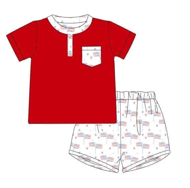 (Custom Design Preorder MOQ 5) Flags Print Boys 4th of July Clothes Set