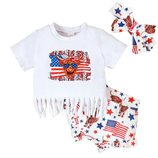 (Custom Design Preorder MOQ 5) Highland Cow Flags Print Baby Girls 4th of July Bummie Sets