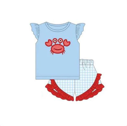 (Custom Design Preorder MOQ 5)  Crab Blue Print Girls Summer Clothes Set