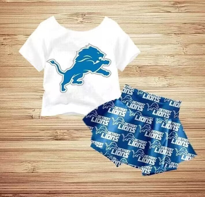 (Custom Design Preorder MOQ 5) Team's Lions Print Girls Summer Clothes Set