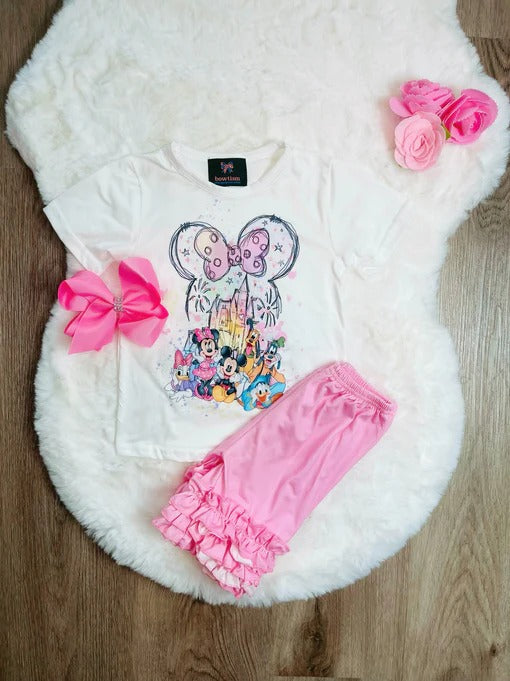 (Custom Design Preorder MOQ 5) Cartoon Mouse Top Pink Shorts Girls Summer Clothes Set