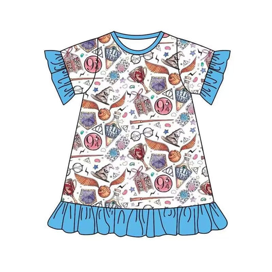 (Custom Design Preorder MOQ 5) Cartoon Magic Print Girls Knee Length Summer Dress