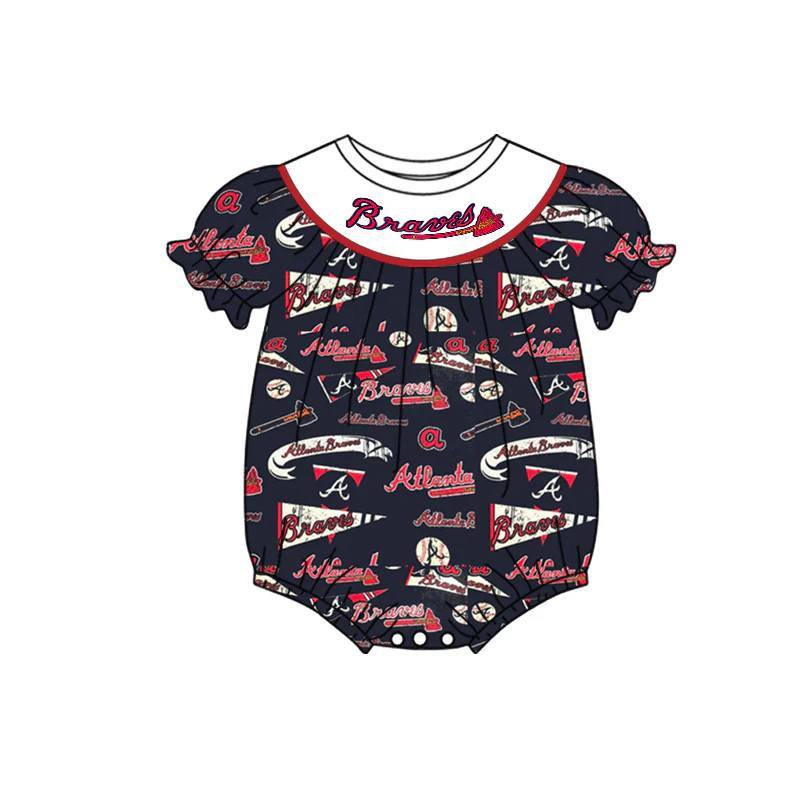 (Custom Design Preorder MOQ 5)  Team's Braves Print Baby Girls Summer Romper