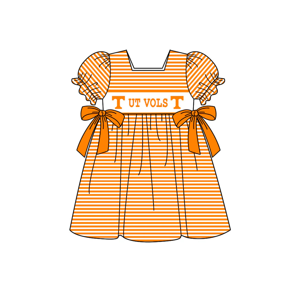 (Custom Design Preorder MOQ 5) Team's Tennessee VOLS Orange Stripes Print Girls Summer Knee Length Dress