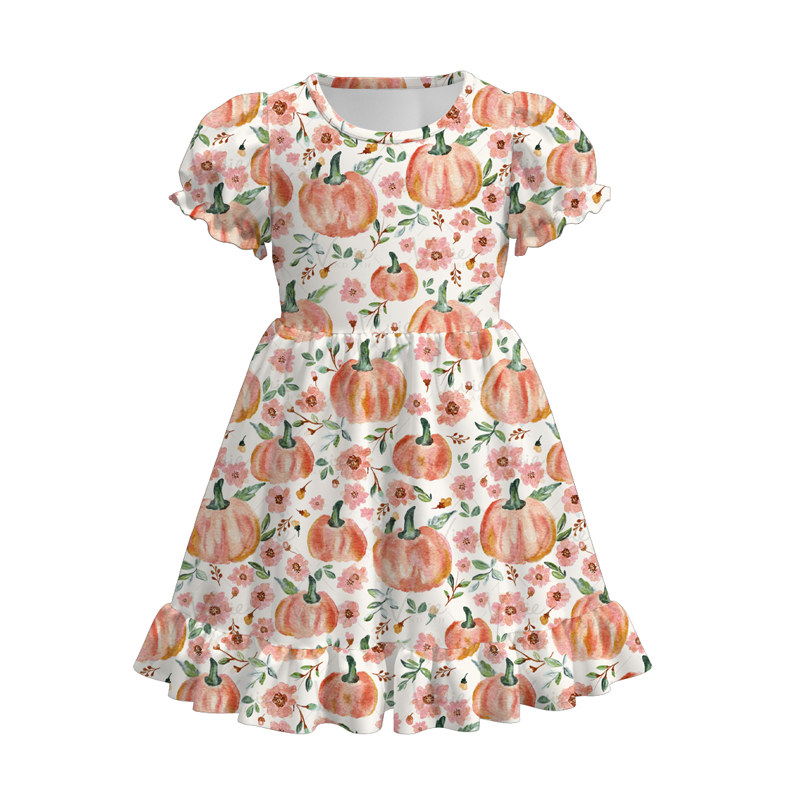 (Custom Design Preorder MOQ 5) Pumpkin Flowes Print Girls Knee Length Fall Dress