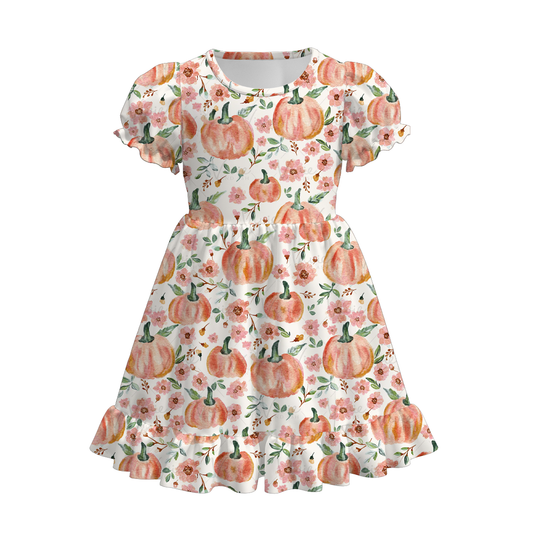 (Custom Design Preorder MOQ 5) Pumpkin Flowes Print Girls Knee Length Fall Dress