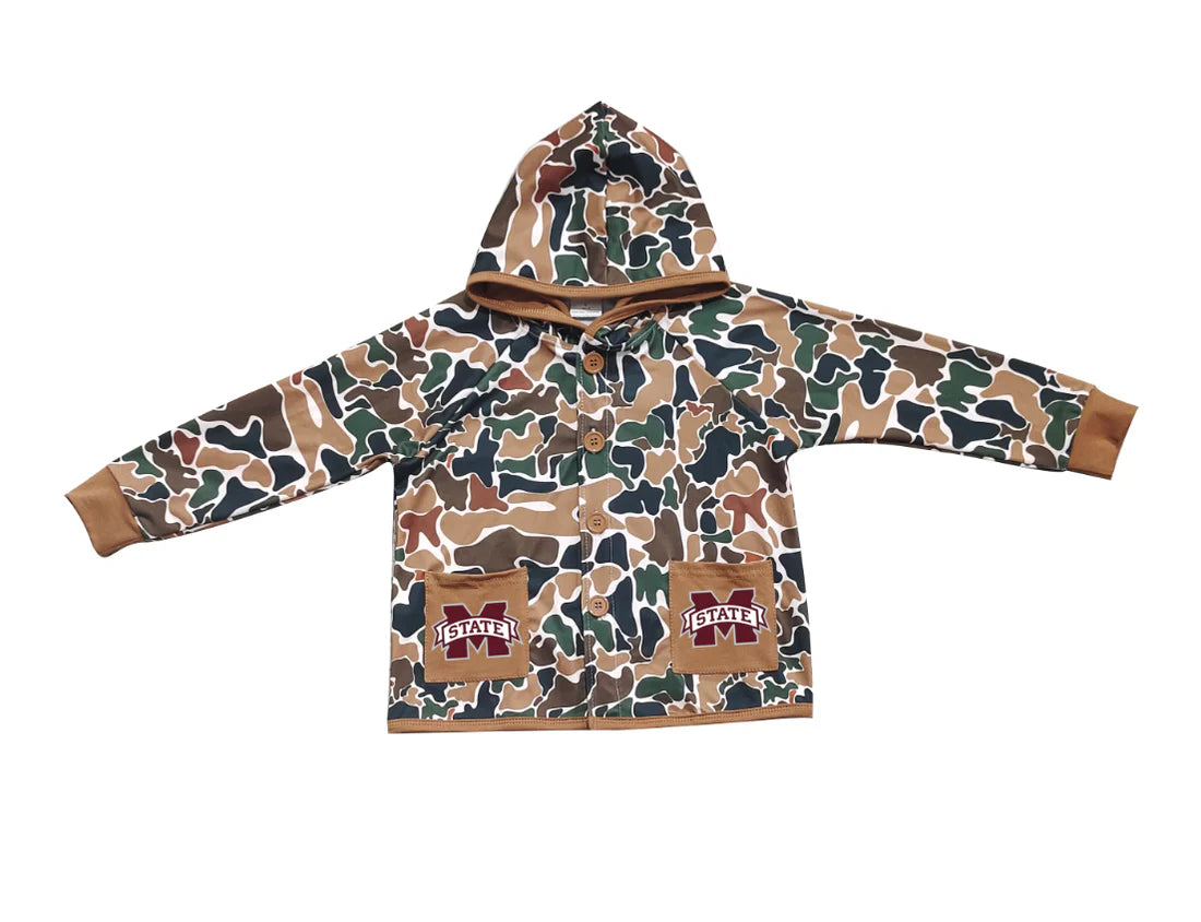 (Custom Design Preorder MOQ 5 Each Item) Team's Mississippi State Brown Camo Print Pockets Buttons Kids Fall Hoodie Jackets Top Mom and Me Matching Clothes