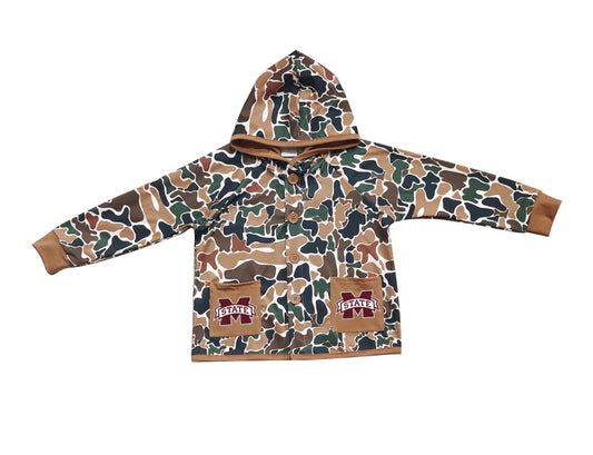 (Custom Design Preorder MOQ 5 Each Item) Team's Mississippi State Brown Camo Print Pockets Buttons Kids Fall Hoodie Jackets Top Mom and Me Matching Clothes