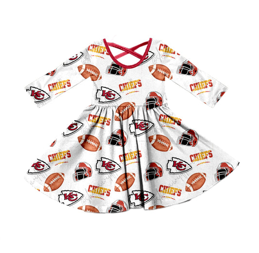 (Custom Design Preorder MOQ 5)  Team's KC White Print Girls Fall Knee Length Dress