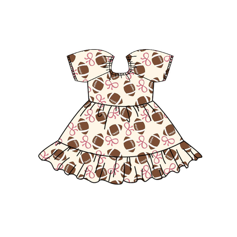 (Custom Design Preorder MOQ 5) Baby Girls Pink Bows Footballs Team Ruffle Knee Length Dresses