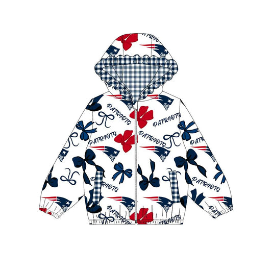 (Custom Design Preorder MOQ 5) Team's Patriots Bows Print Pockets Girls Long Sleeve Zipper Jackets Top