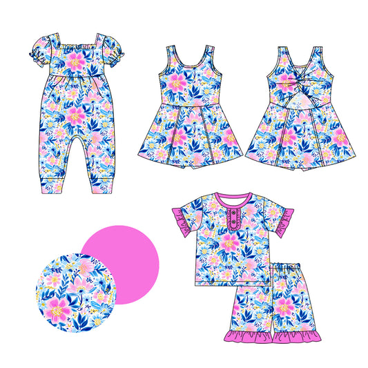 1.4(Custom Design Preorder MOQ 5 Each Design) Flowers Print Girls Summer Matching Clothes Sisters Wear