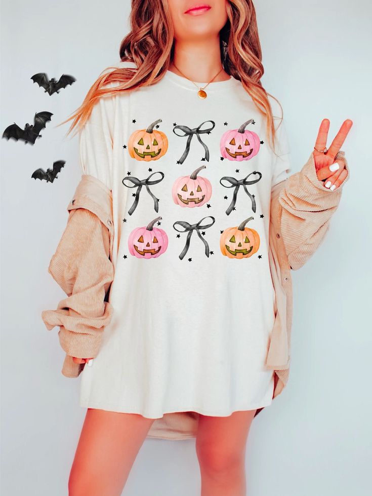 (Custom Design Preorder MOQ 5)  Pumpkin Bows Print Adult Hoween Tee Shirts Top