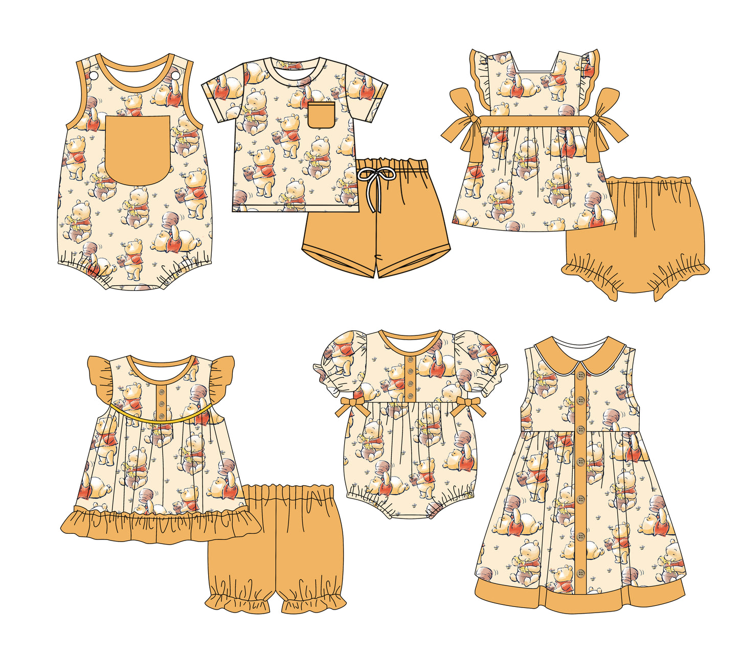 3.3(Custom Design Preorder MOQ 5 Each Design) Cartoon Bear Pooh Orange Print Kids Summer Matching Clothes Sibling Wear