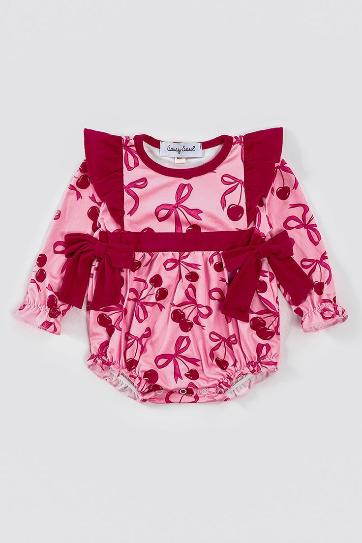 (Custom Design Preorder MOQ 5)  Cherry Bows Print Baby Girls Romper