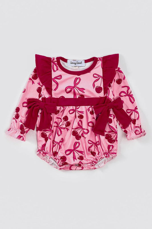 (Custom Design Preorder MOQ 5)  Cherry Bows Print Baby Girls Romper