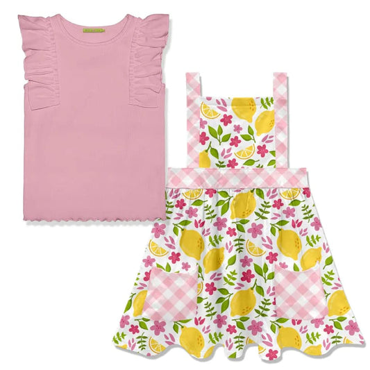 (Custom Design Preorder MOQ 5) Pink Top Lemon Flowers Skirts Suspender Dress Girls Summer Clothes Set