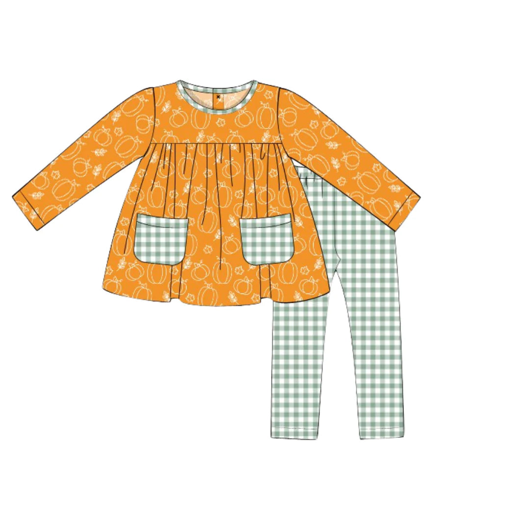 (Custom Design Preorder MOQ 5) Pumpkin Tunic Top Plaid Pants Girls Fall Clothes Set