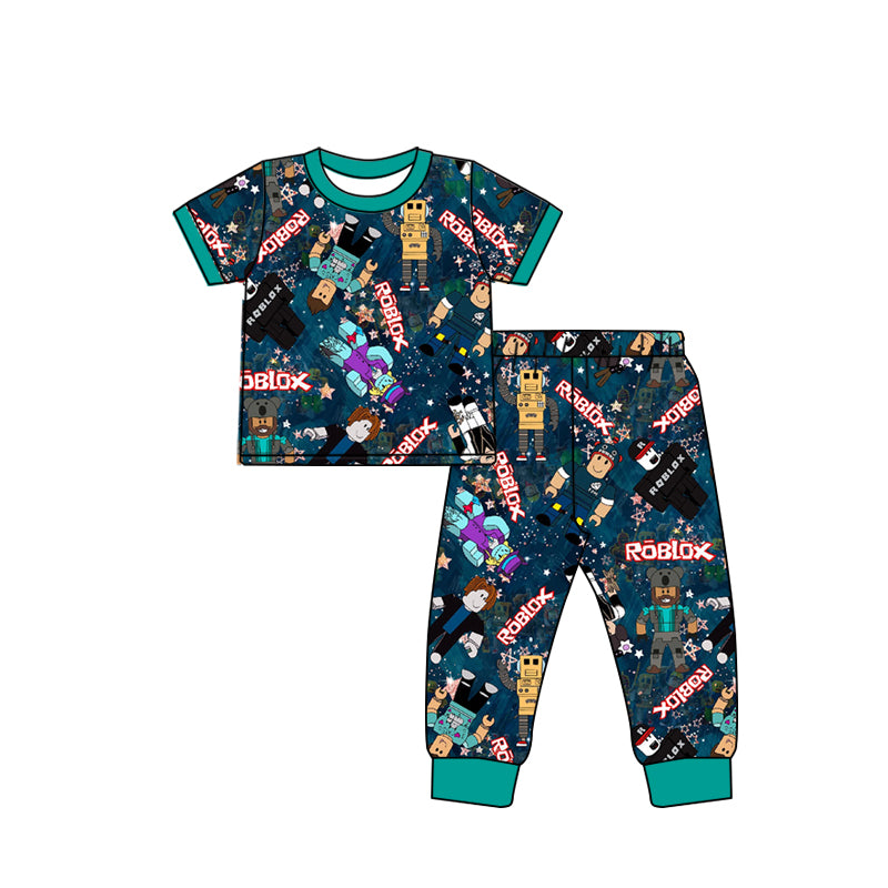 (Custom Design MOQ 5) Green Game Design Boys Pajamas Clothes Set