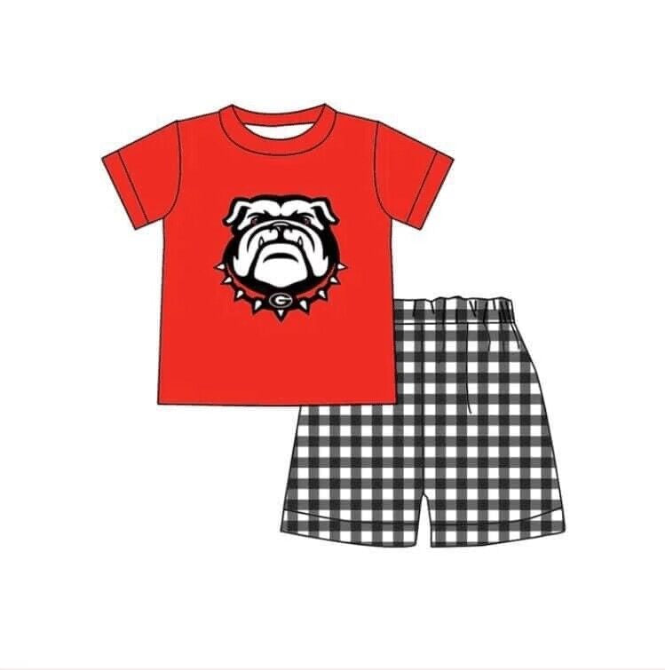 (Custom Design Preorder MOQ 5) Team's Dog GO DAWGS Red Top Plaid Shorts Boys Summer Clothes Set