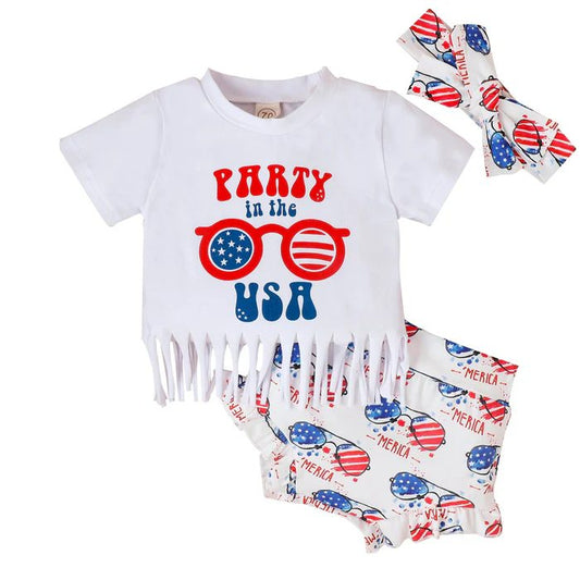 (Custom Design Preorder MOQ 5) Party in the USA Print Baby Girls 4th of July Bummie Sets