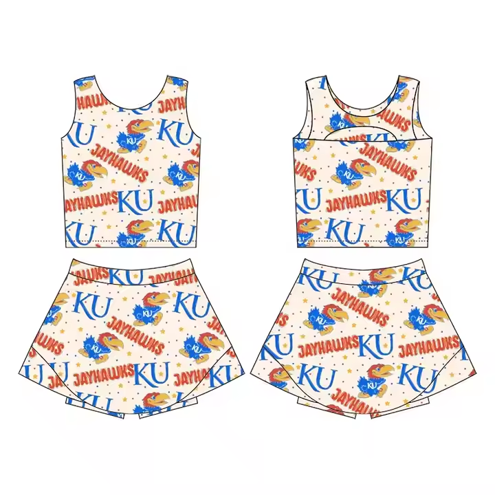 (Custom Design Preorder MOQ 5) Team's JAYHAWHS KU Print Shorts Skirts Girls Summer Yoga Clothes Set