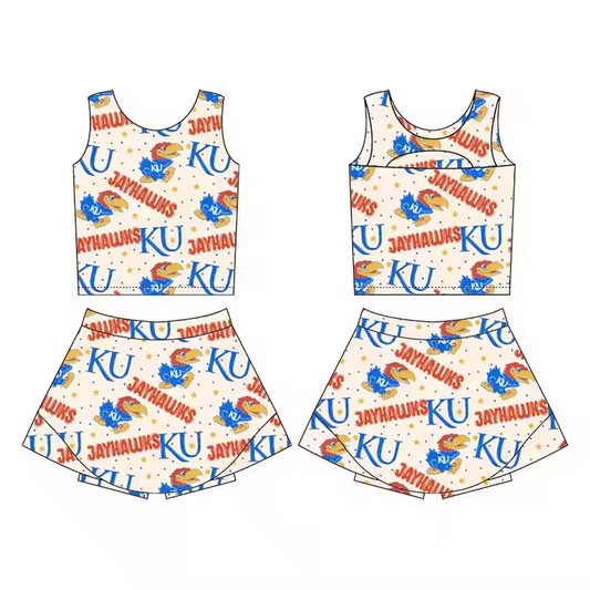 (Custom Design Preorder MOQ 5) Team's JAYHAWHS KU Print Shorts Skirts Girls Summer Yoga Clothes Set