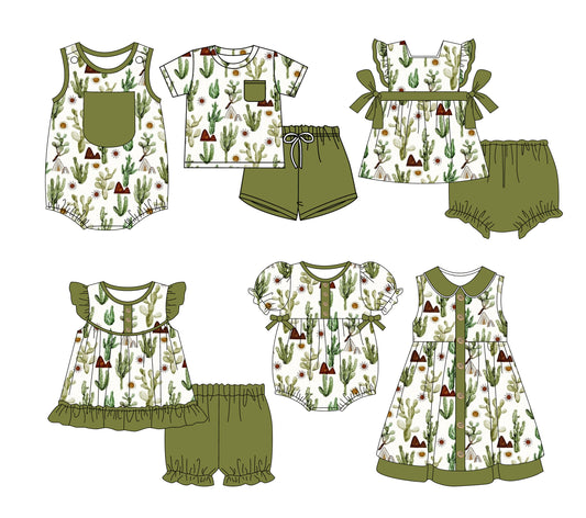 3.3(Custom Design Preorder MOQ 5 Each Design) Cactus Green Print Kids Summer Matching Clothes Sibling Wear