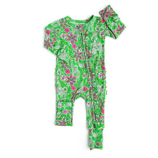 (Custom Design Preorder MOQ 5) Green Flowers Print Baby Girls Fall Sleeper Zipper Romper