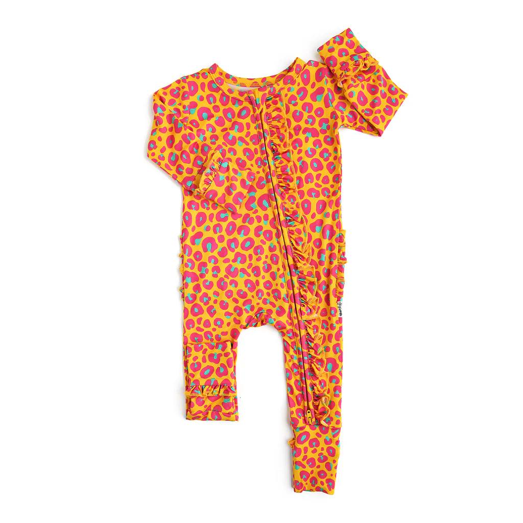 (Custom Design Preorder MOQ 5) Orange Leopard Print Baby Girls Fall Sleeper Zipper Romper