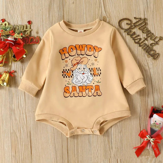 (Custom Design Preorder MOQ 5) Howdy Santa Print Baby Girls Christmas Romper