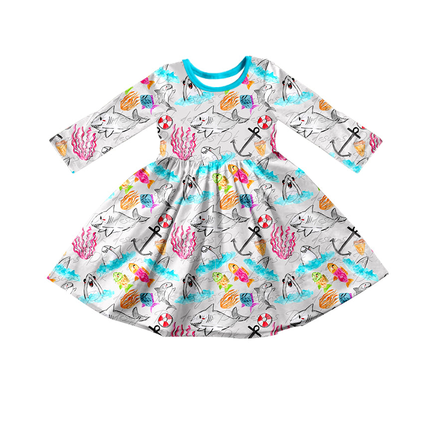 (Custom Design Preorder MOQ 5) Shark Print Girls Knee Length Fall Dress