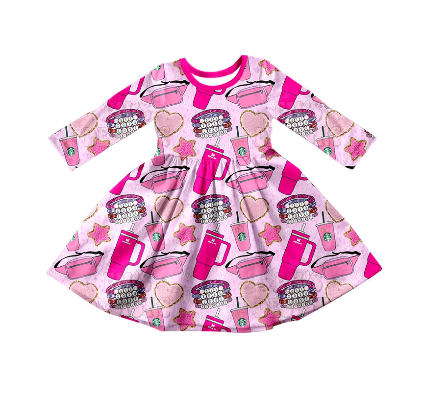 (Custom Design Preorder MOQ 5) Pink Heart Stars Bag Cup Print Girls Knee Length Fall Dress