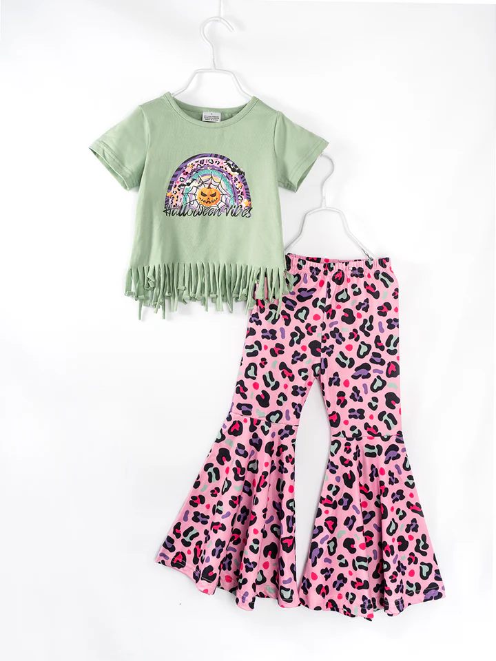 (Custom Design Preorder MOQ 5) Pumpkin Rainbow Tassels Top Leopard Bell Pants Girls Halloween Clothes Set