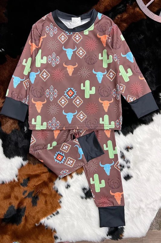 (Custom Design Preorder MOQ 5) Aztec Cow Skull Print Boys Fall Western Pajamas Clothes Set