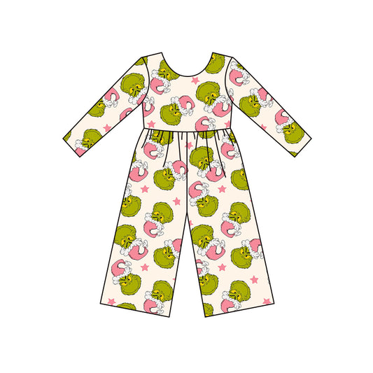 (Custom Design MOQ 5) Green Frog Stars Print Girls Christmas Jumpsuits