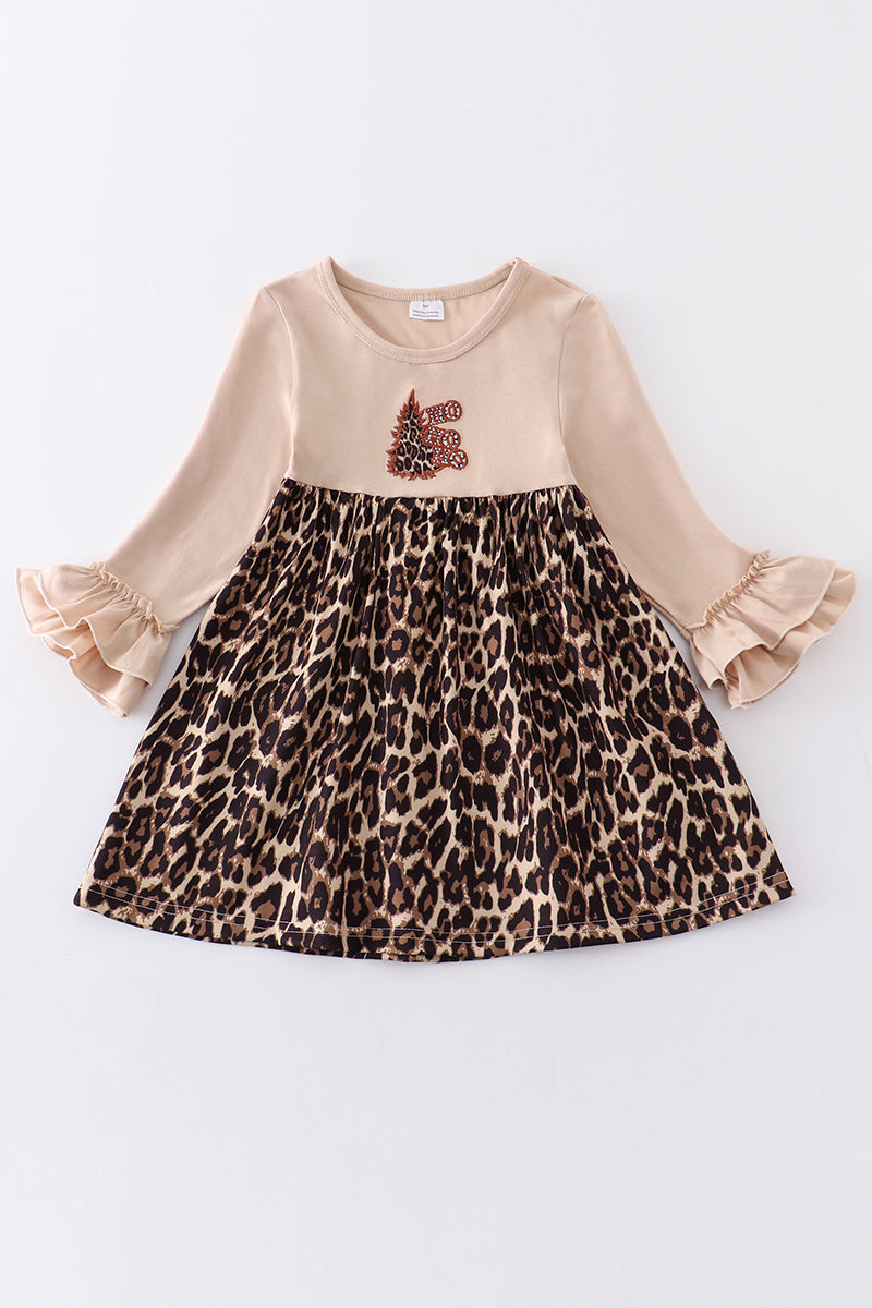 (Custom Design Preorder MOQ 5) Leopard Tree HO HO HO Print Girls Knee Length Christmas Dress