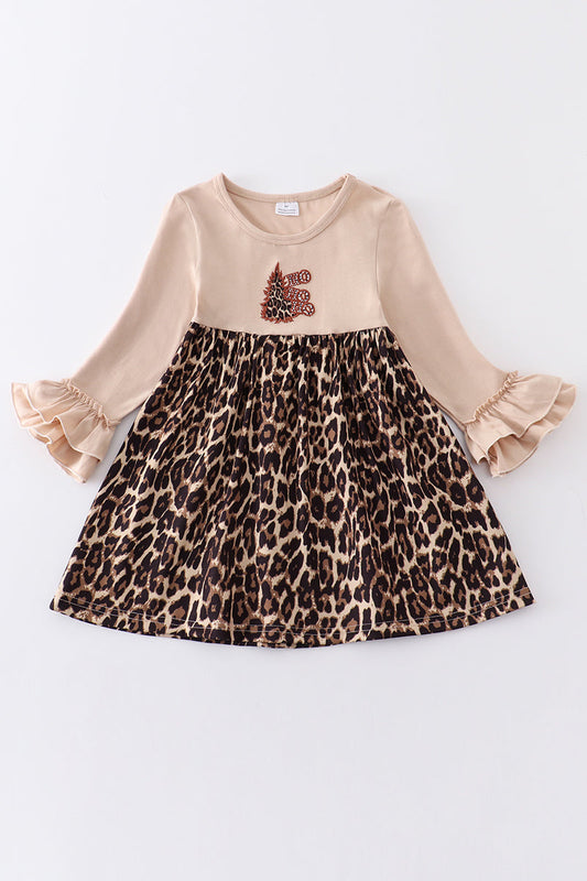 (Custom Design Preorder MOQ 5) Leopard Tree HO HO HO Print Girls Knee Length Christmas Dress