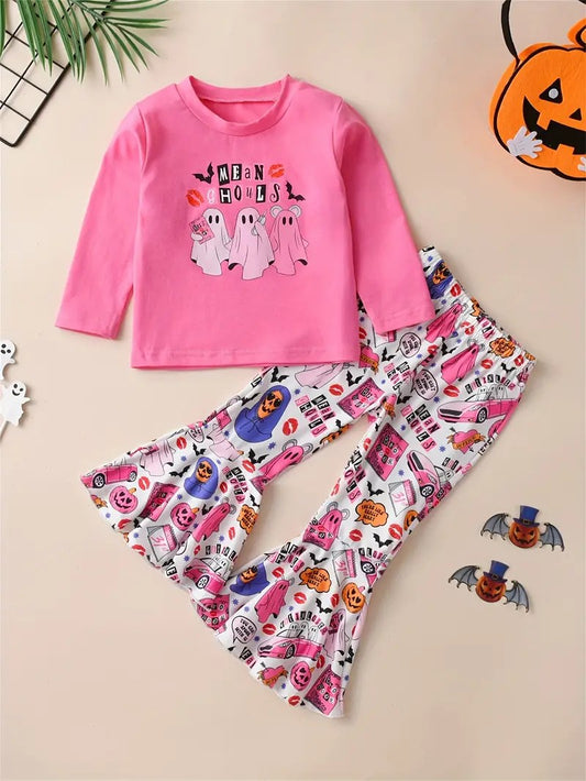 (Custom Design Preorder MOQ 5) Ghost Pumpkin Pink Print Bell Pants Girls Halloween Clothes Set