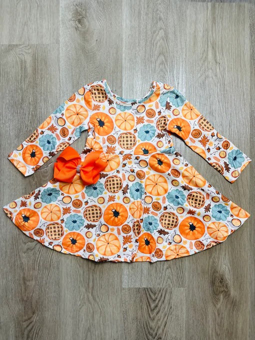 (Custom Design Preorder MOQ 5) Pumpkin Pie Print Girls Knee Length Fall Dress