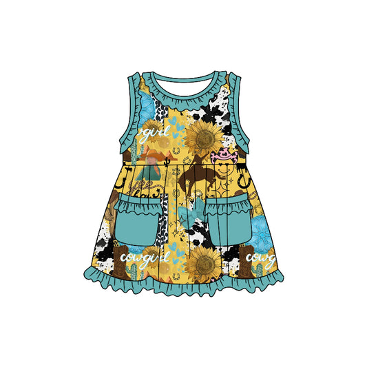 (Custom Design Preorder MOQ 5) Cowgirl Sunflowers Western Print Girls Knee Length Summer Dress