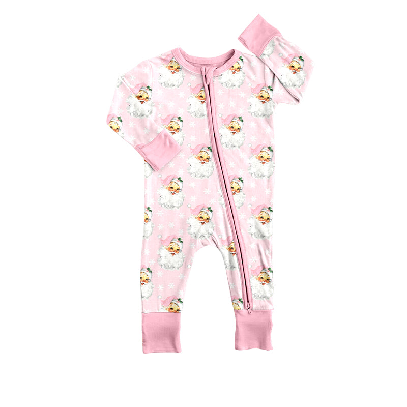 (Custom Design Preorder MOQ 5)  Santa Pink Print Baby Girls Christmas Sleeper Zipper Romper